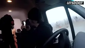 Tattooed blonde rides German pickup raw in public