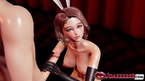 Sexy anime girl in rabbit costume gives intense handjob and glory hole swallow