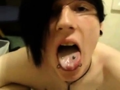 Pierced emo twink swallows the load