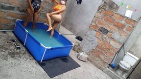 My Neighbor Is in the Pool Wearing a Very Tempting and Sexy Bikini. She's Hot.