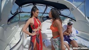 Captain man having a wild threesome with his wife and mistress on a boat