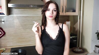 (ALL 30 scenes) Tina is smoking all-white Winston cigarettes at home using matches 4K resolution