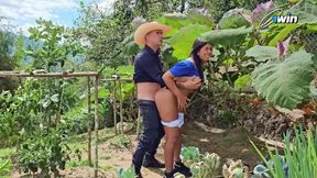 Burglar girl caught and fucked outdoors by farm owner