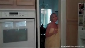 Blindfolded milf gives a deepthroat blowjob and gets creampied