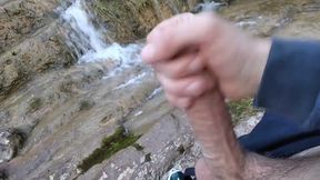 Handsome Gives Perfect Cumshot From Nice Big Hard Cock Spit in Front of River Waterfall