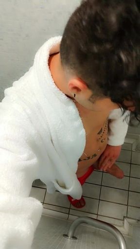 Jerk off at Spa Toilet in Bathrobe Before the Pool