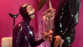 tied off and gagged Rubber Missy tied off and driven to orgasm in latex doing cock worship and rubber bondage