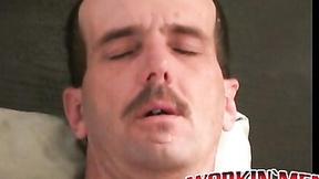 ”Older inked homo jerks off his big cock in the bedroom”