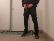 Risky wanking in front of neighbor's door