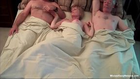Mature MILF gets a sloppy threesome blowjob and creampie