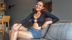 ”Petite redhead teen shows mind blowing shaft sucking skills at casting!”