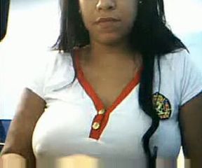 Cute Venezuelan chunky babe flashes her big boobies on webcam