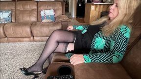 Deb Teases & Seduces Hubby with some Dangling & Shoe Job Before Fucking Him in Black Dress, Stockings & East 5th Spiked Heel Pumps