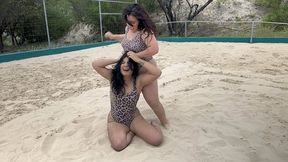CANDY VS SHAK – LEOPARD SWIMSUIT SAND WRESTLING