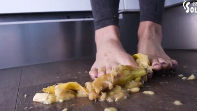 Crushing fruits under her sexy bare feet, POV (food crushing, POV trample, bare feet, POV feet)