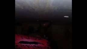 Excited sissygurl deepthroats entire 10&quot_ black bull cock thru a glory hole