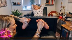 Lottie Lalay's Feet Tickling - Elektra has Lottie's feet locked in the Stocks, for a playful, foot focused tickling session! She uses her hands and nails, and massage tools to get Lottie squirming with laughter.
