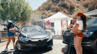 Busty and curvy girls after carwash intense lesbian session