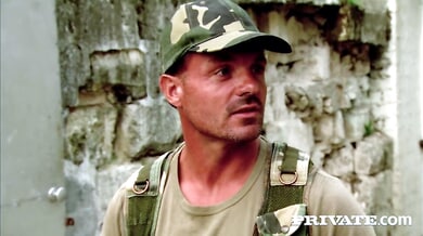 Two soldiers share a pierced brunette in a gritty threesome with double penetration and facials