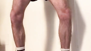 wooly man in sneakers and white socks faps off and showcases his gams