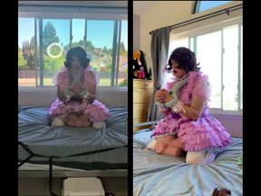 Pink Satin Sissy Maid Rides Her Sex Doll Toy While Locked