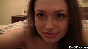 Shaved brunette teen toys with big tits on webcam