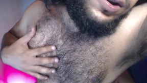 Man Touches His Chest and Hairy Armpits