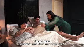 Stepson and friend jerk off while his stepmom watches and joins in