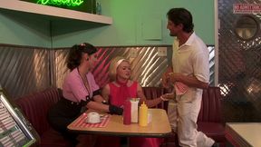 gemma massey, isis love and krissy lynn get down in a diner with group sex