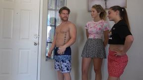 Two beautiful minxes lose strip game, eat pussy in living room