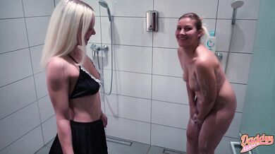Shy Petite Blonde Sucks Hairy MILF Pussy in Shower