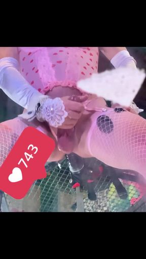 Pink Stocking Lingerie Shemale Riding Black Dildo on the Wall