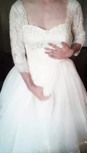 Wearing and cumming in bride&#039;s complete bridal outfit (wedding dress, shoes, bra, underskirt, stockings and straps)