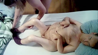 Cripple guy and sexy blonde have fun making a sextape