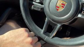 Public parking cumshot on Porsche steering wheel