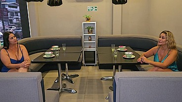 Mature women have sex in an empty restaurant after a man stood them up