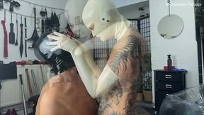 Spit play and simultaneous double-ended dildo deepthroat