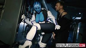 Sexy Female Alien with huge natural tits sucks human's big dick and take it in her hole!