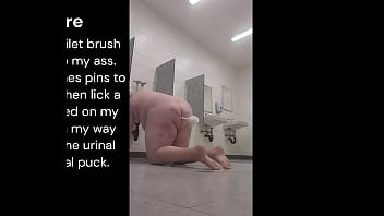 Chub slave licks urinal with toilet brush up ass