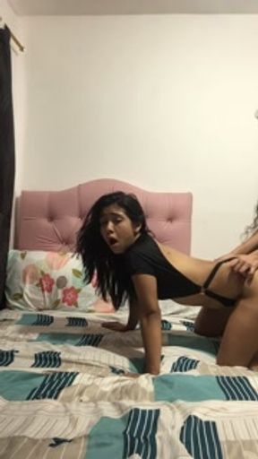 Naughty girl sucks my strapon on all fours and I fuck her pussy