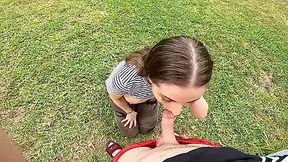 Brunette Cumslut Sucks Cock In Backyard Throats Until Taking Load In Mouth And Swallows!