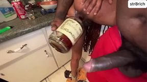 Black beauty goes deep throat next takes massive cock in her ass