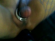 Butt plug after sex machine, hot red long toenails and fishnets.