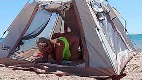 Slutty blonde milf let stranger fuck her inside tent on the seaside