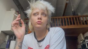 sleepy smoking a cigarette with coffee no makeup