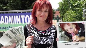 Mature woman with colored hair gives blowjob on Czech street for money