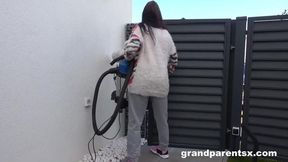 Mature babes ride and suck big dicks in a lively living room