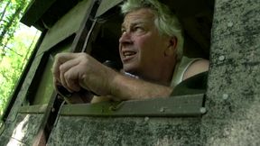 Old guy watches couple while having sex fun in the forest