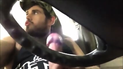 Big-Cock Hunk Precums in Car with Blue Eyes