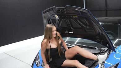 Blonde babe rides her Lamborghini solo with those big tits bouncing
